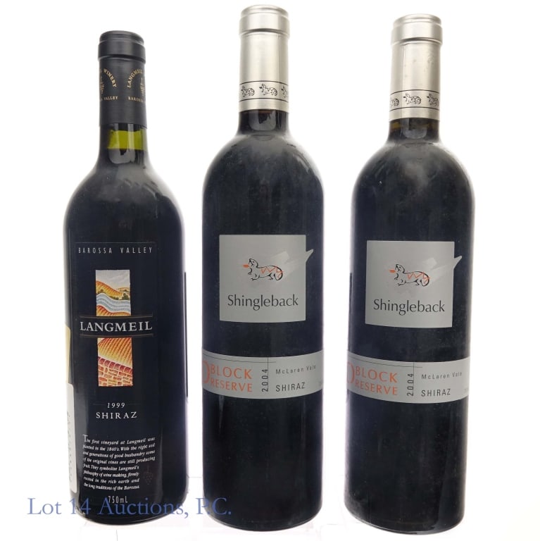 Langmeil & Shingleback Australian Shiraz (3): 1999 Langmeil Winery Shiraz, Barossa Valley, 14% ABV, 750ml ****** Two (2) bottles 2004 Shingleback D Block Reserve Shiraz, McLaren Vale, 14.5% ABV, 750ml.