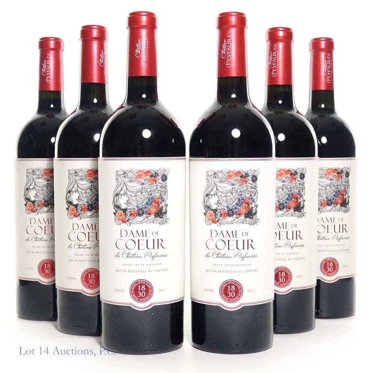 2015 Dame De Coeur Chateau Peyfaures Bordeaux (5): Five (5) bottles 2015 Dame De Coeur Du Chateau Peyfaures Grand Vin De Bordeaux. 14.5% ABV, 750ml.