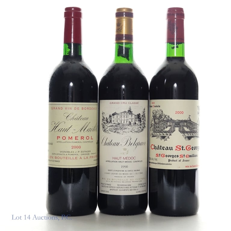French Red Bordeaux Wines (3): 1990 Chateau Belgrave Haut-Medoc, 12.5% ABV, 750ml ****** 2000 Chateau Haut-Maillet Pomerol, 13.5% ABV, 750ml ****** 2000 Chateau Saint-Georges Saint-Georges-Saint-Emilion, 12.5% ABV, 750ml.