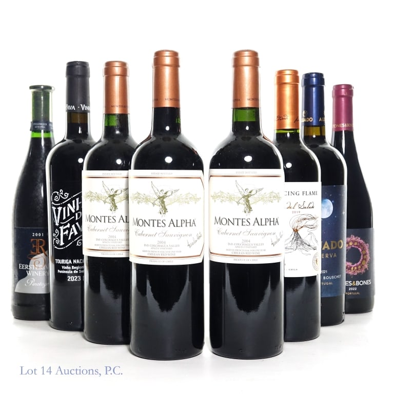 Chile, Portugal, South Africa Red Wine Variety (8): Three (3) bottles 2004 Montes Alpha Cabernet Sauvignon Colchagua Valley, Chile, 14% ABV, 750ml ****** 2019 Dancing Flame 'Ojos del Salado' Red Blend Central Valley, Chile, 13.5% ABV, 750ml ****** 2023