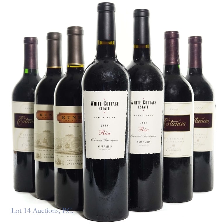White Cottage, Kunde & Estancia Cabernet (7): Two (2) bottles 2009 White Cottage Estate Risa Cabernet Sauvignon, Napa Valley, 14.5% ABV, 750ml ****** Two (2) bottles 2007 Kunde Family Estate Cabernet Sauvignon, Sonoma Valley, 13.8% ABV, 
