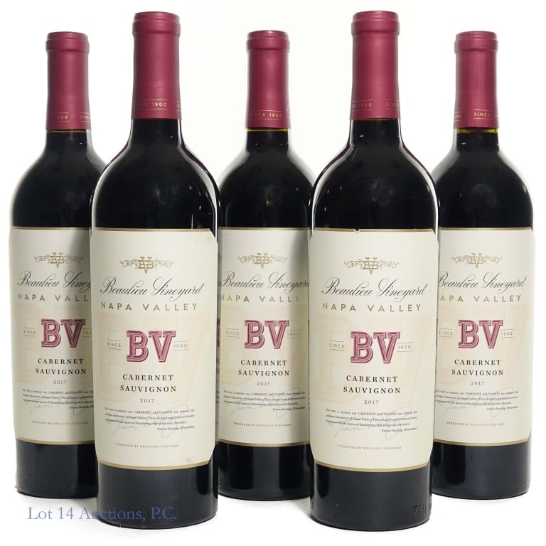 2017 Beaulieu Vineyard BV Cabernet Sauvignon (5): Five (5) bottles 2017 Beaulieu Vineyard BV Cabernet Sauvignon, Napa Valley, 14.6% ABV, 750ml.