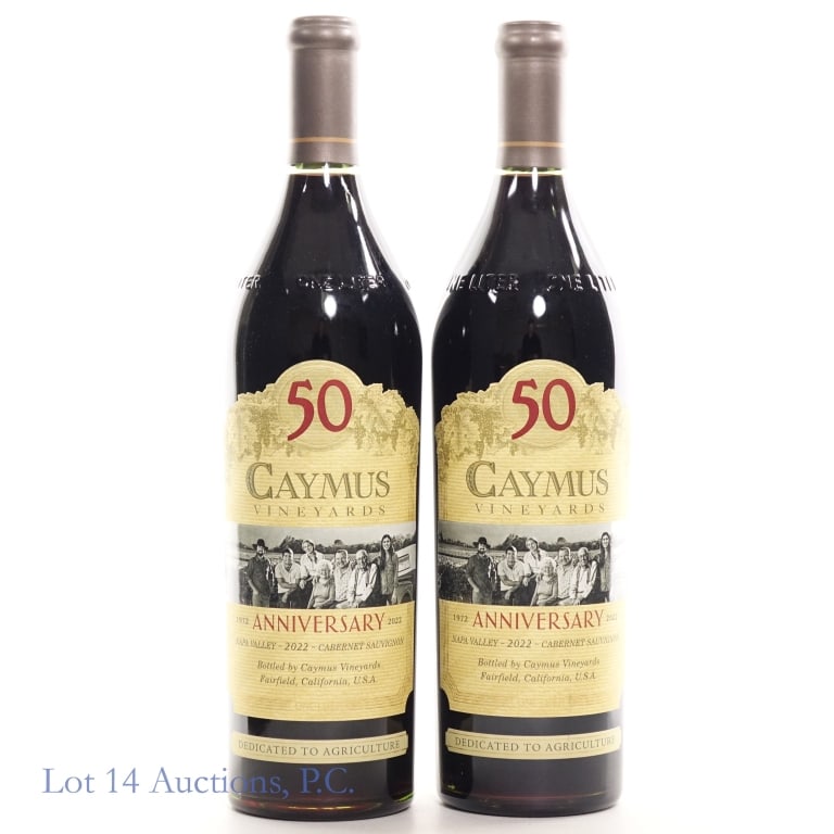 2022 Caymus 50th Ann. Cabernet Sauvignon (2): Two bottles of 2022 Caymus Vineyards Cabernet Sauvignon commemorating the winery's 50th anniversary. Both bottles 14.6% ABV, 1L.