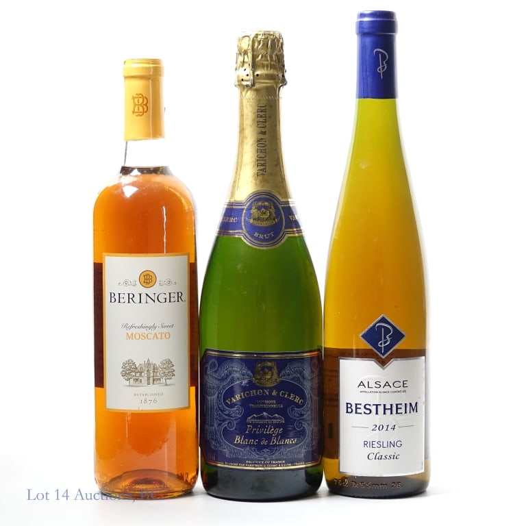French Brut & Riesling, Chilean Moscato: Varichon & Clerc Privilege Blanc De Blancs Brut, 12% ABV, 750ml ****** 2014 Bestheim Riesling Classic Alsace, 12% ABV, 750ml ****** Beringer Moscato Chile, 11.5% ABV, 750ml.
