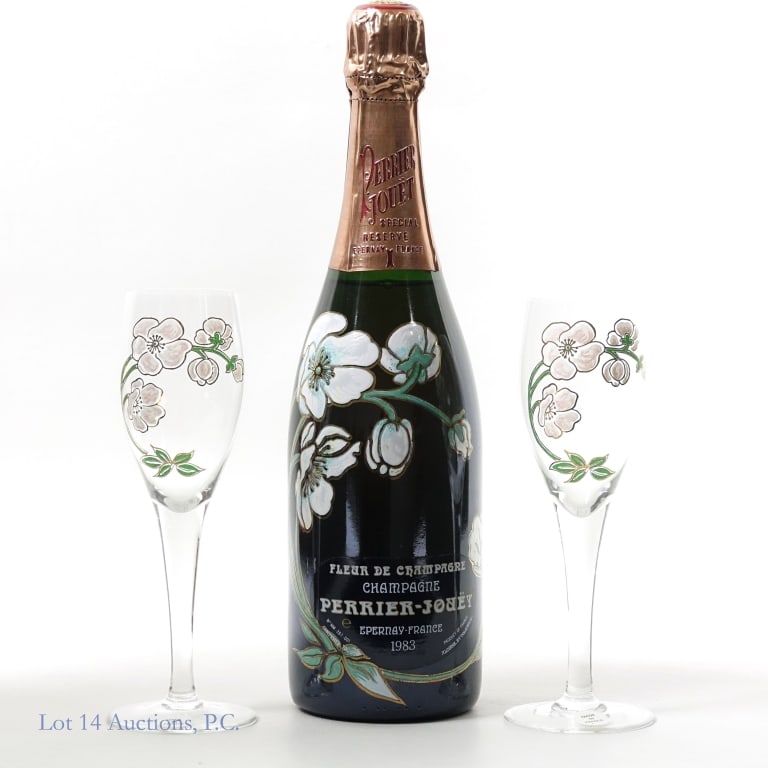 1983 Perrier-Jouet Fleur de Champagne Gift Set: 1983 Perrier-Jouet Special Reserve Fleur de Champagne, 12.5% ABV, 750 ml, Vintage: 1983, Region: Epernay, France, Gift Set includes 2 hand painted floral champagne flutes with box to hold bottle and g