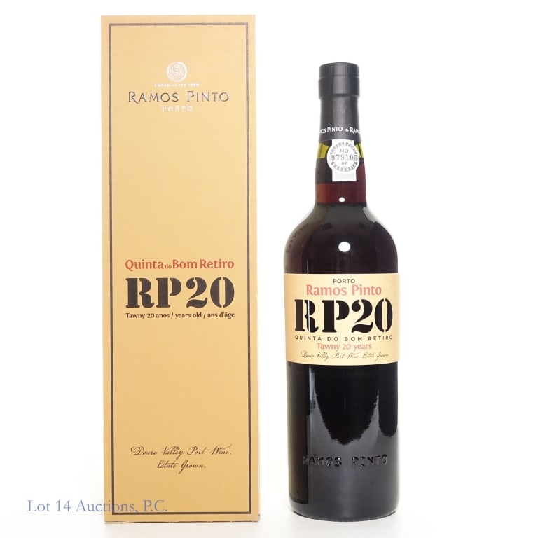 2022 RP20 20 Yr Quinta do Bom Retiro Tawny Port: 2022 RP20 Ramos Pinto 20 Year Old Quinta do Bom Retiro Tawny Port. In original wood and cardboard presentation box. Small tear in the box flap.