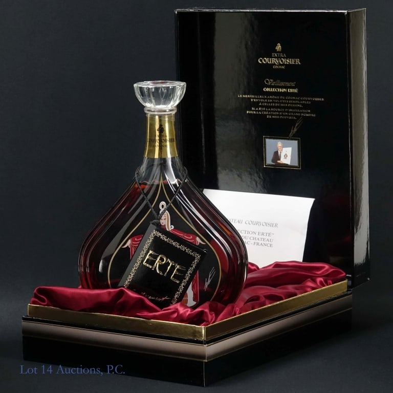 Courvoisier Erte No. 4 Vieillissement Cognac: Courvoisier Collection Erte No. 4 Vieillissement Extra Cognac, 80 Proof, 750 ml, 4th Design Bottle #B1237. Only 12000 decanters have been produced. Silk screening design and hand painted pigments incl