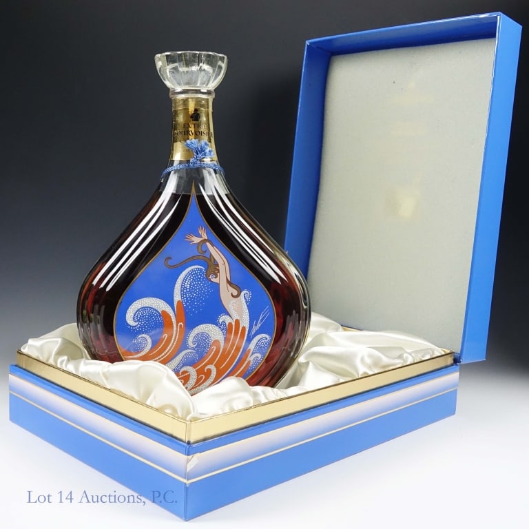 Courvoisier Erte No. 5 Degustation Cognac: Courvoisier Collection Erte No. 5 Degustation Extra Cognac, 80 Proof, 750 ml, 5th Design Bottle #K10227. Only 12000 decanters have been produced. Silk screening design and hand painted pigments includ