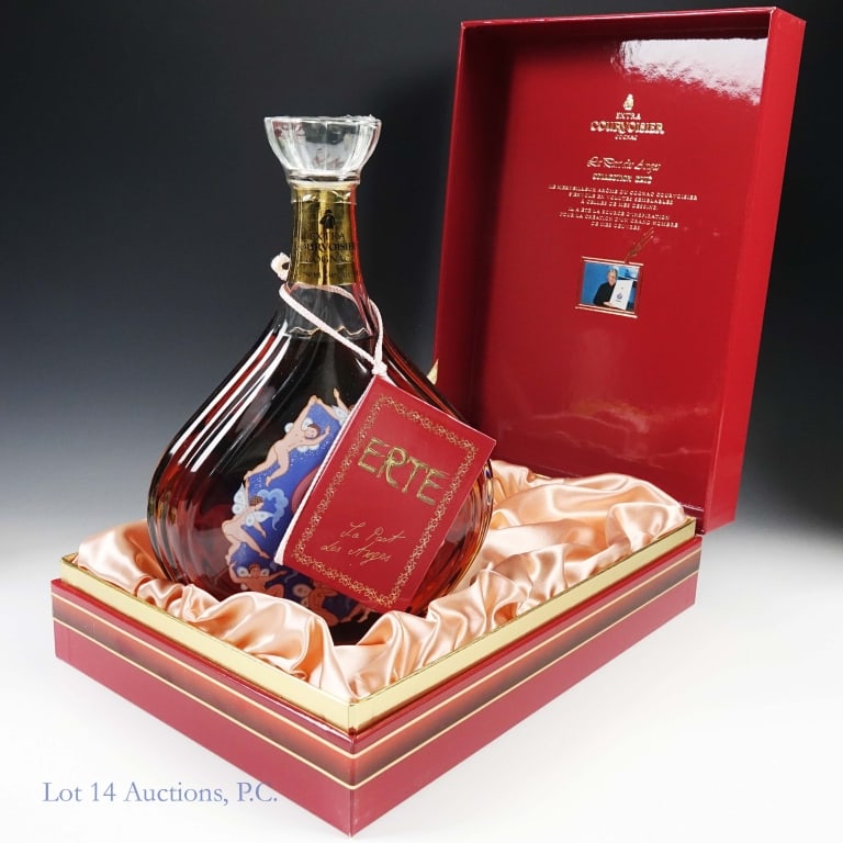 Courvoisier Erte No. 7 La Part des Anges Cognac: Courvoisier Collection Erte No.7 La Part des Anges Extra Cognac, 80 Proof, 750 ml, 7th Design Bottle #C2476. Only 12000 decanters have been produced. Silk screening design and hand painted pigments in