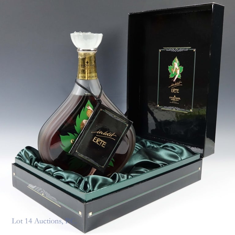 Courvoisier Erte No. 8 Inedit Cognac: Courvoisier Collection Erte No. 8 Inedit Extra Cognac, 80 Proof, 750 ml, 8th Design Bottle #3702. Only 12000 decanters have been produced. Silk screening design and hand painted pigments including 24