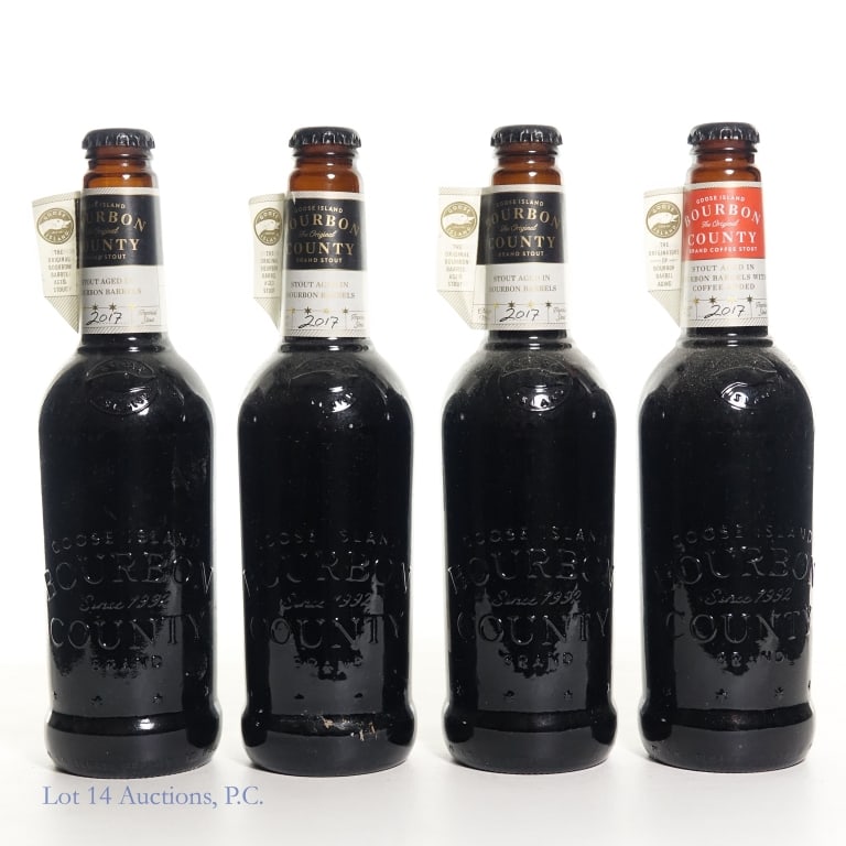 Goose Island Bourbon County Stouts 2017 (4): Three (3) 2017 Goose Island Bourbon County Stout. 1 pint .9 fl. oz. 14.1% ABV ****** One (1) 2017 Goose Island Bourbon County Stout With Coffee Added. 1 pint .9 fl. oz. 12.9% ABV.