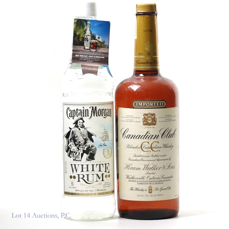'83 Canadian Club Whisky 1L & Captain Morgan White: 1983 Canadian Club whisky. 80 Proof, 1L. Canadian tax strip fully intact ****** Captain Morgan White Rum. 80 Proof, 750ml.