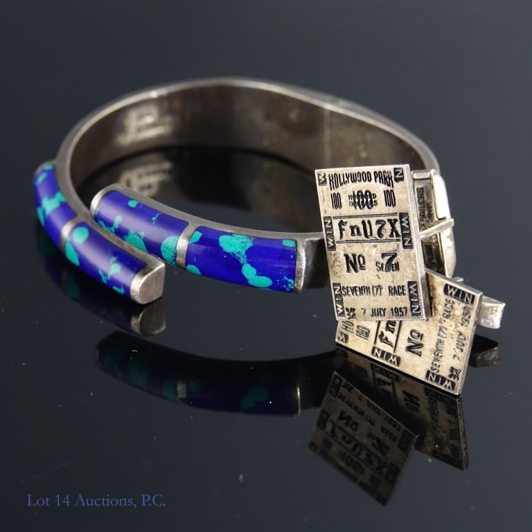 Sterling Jewelry (F&S Cufflinks, Cuff Bracelet): Vintage sterling silver jewelry. Lot includes a pair of sterling silver cufflinks from Fenwick and Sailors designed to look like a ticket from a horse race, as well as a heavy sterling silver