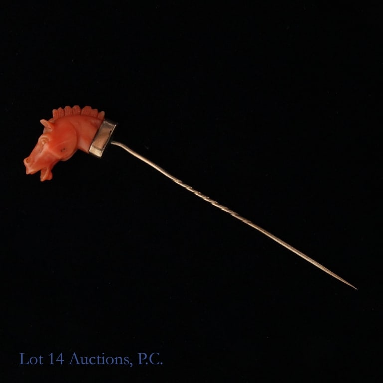 14k Y Gold Hat Pin w/ Horse Head *: Pin made with yellow gold. Unmarked, but passed 14k acid test. Decorated with a horse head carved from a red/orange stone at the top. * Left cheek has almost imperceptible nick and base of neck has