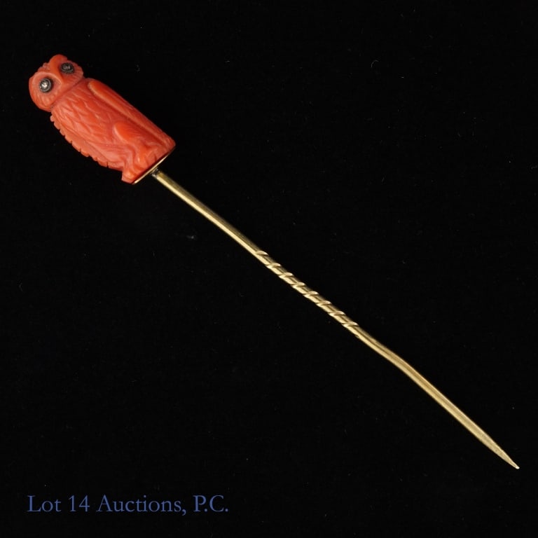 14k Y Gold Hat Pin w/ Owl: Pin made with yellow gold. Unmarked, but passed 14k acid test. Decorated with an owl carved from a red/orange stone at the top. Total weight is approximately 3.82g.