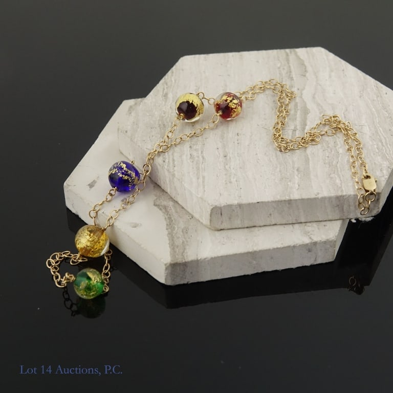 14k Y Gold Chain Necklace with Glass Beads: 14k yellow gold chain necklace with five glass beads. Total weight of necklace is approximately 5.97g.