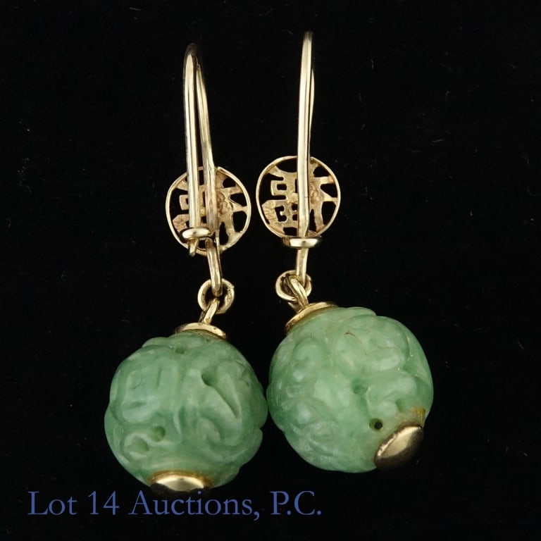 Gold and Jadeite Dangle Earrings - 4