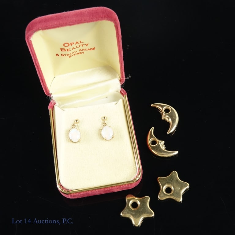 14k Y Gold Moons & Stars, 10k Gold & Opal Earrings: 4 14k yellow gold charms - two crescent moon and two star shapes. Moons are approximately 1.15" and stars are approximately 1". Total weight of the four charms is 3.2dwt (4.9g). One pair of
