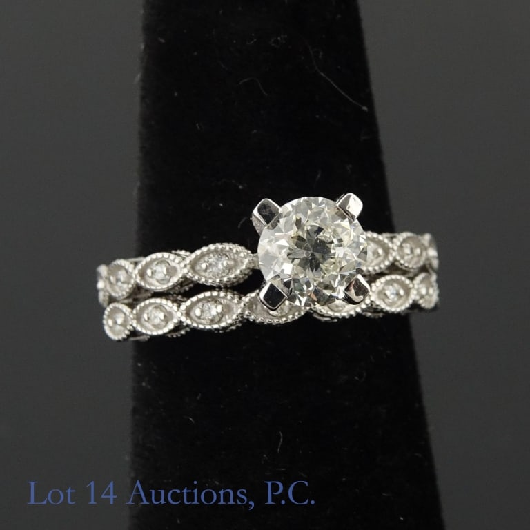 14k W Gold Diamond Ring Set w/ ID: Set of two size 5.5 bridal style rings made with 14k white gold and decorated with diamonds (1.0 ct center stone and 0.20 cttw side stones). Total weight of both rings is approximately 3.13g.