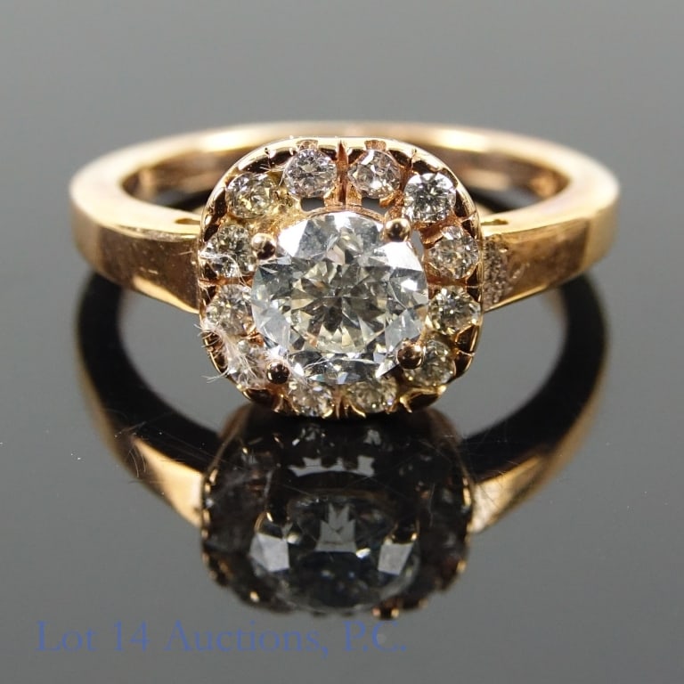14k Rose Gold Diamond Engagement Ring w/ ID: Size 6 classic style engagement ring made with 14k rose gold, decorated with 13 diamonds (1.00 cttw diamond center and 0.25 diamond sidestone). Total weight of ring is approximately 3.8g.