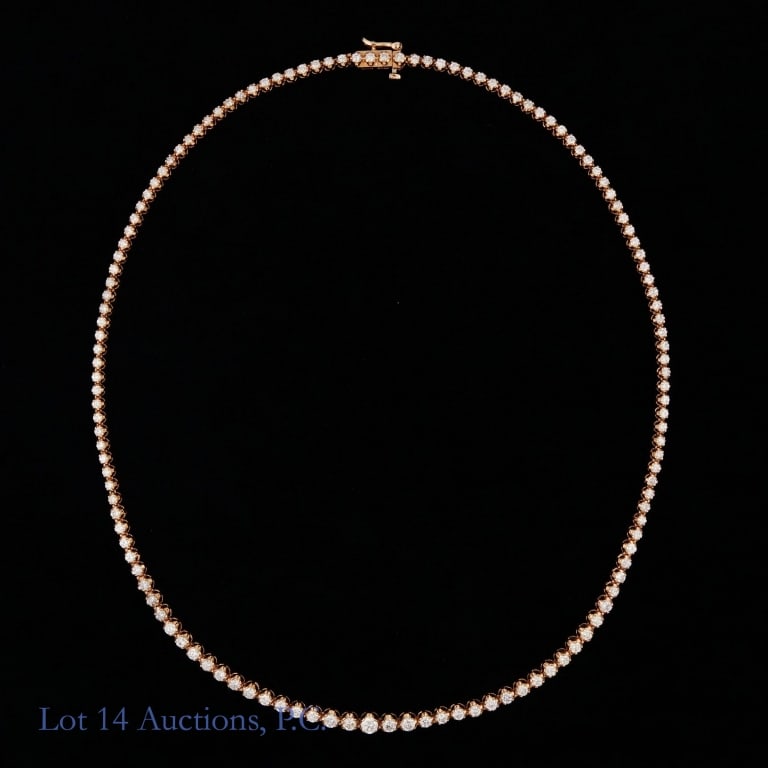 14k Rose Gold Eternity Necklace w/ Diamonds & ID: 14k rose gold eternity style necklace decorated with over 100 diamonds (7.05 cttw). Total weight of necklace is approximately 24.33g, and it measures approximately 18.5" long. Identification and