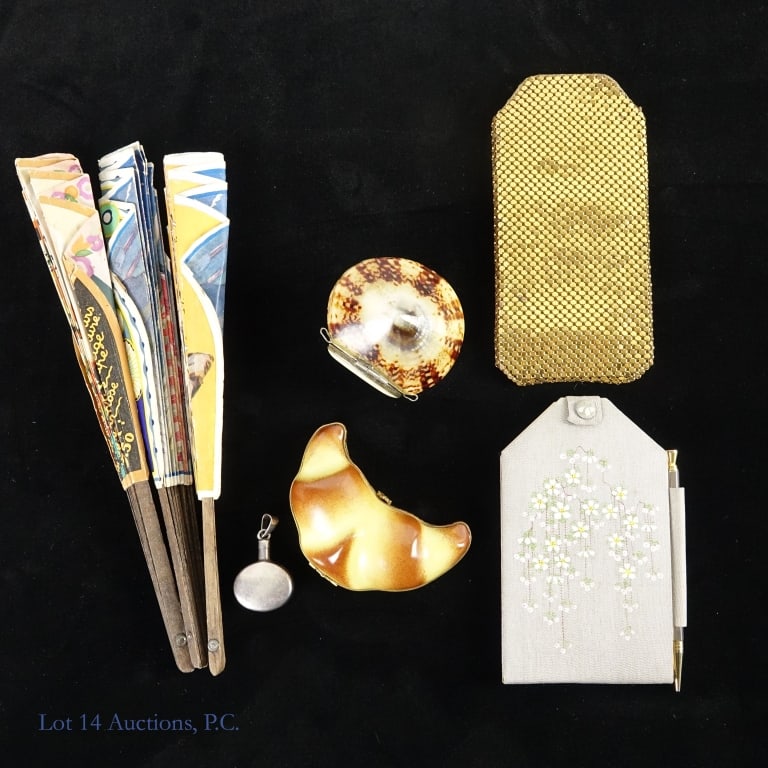 Vintage Pendant, Trinket Boxes, Fans, More: Sterling perfume bottle pendant, approximately 0.4 ozt ** Three (3) vintage Galeries Lafayette fans, one slightly damaged ** Vintage Limoges croissant shaped trinket box ** Vintage seashell