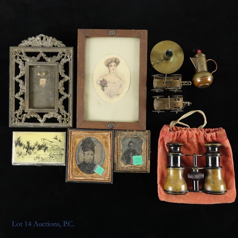 Vintage Opera Binoculars, Ambrotypes, More: Vintage theater / opera binoculars in a velvet satchel ** Miniature brass teapot, approximately 2.5" tall ** Miniature brass candlestick holder, approximately 2.75" diameter ** 2 miniature tin wagons,