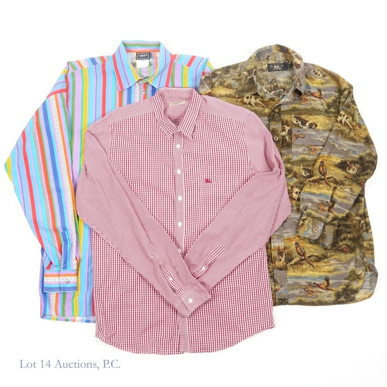 Versace, Burberry & Ralph Lauren Men's Shirts (3): Versace Jeans Couture striped men's shirt, size M, medusa logo metal buttons, chest pocket, no rips or tears ****** Burberry London red / white checkered men's shirt, size tag removed, chest pocket wi