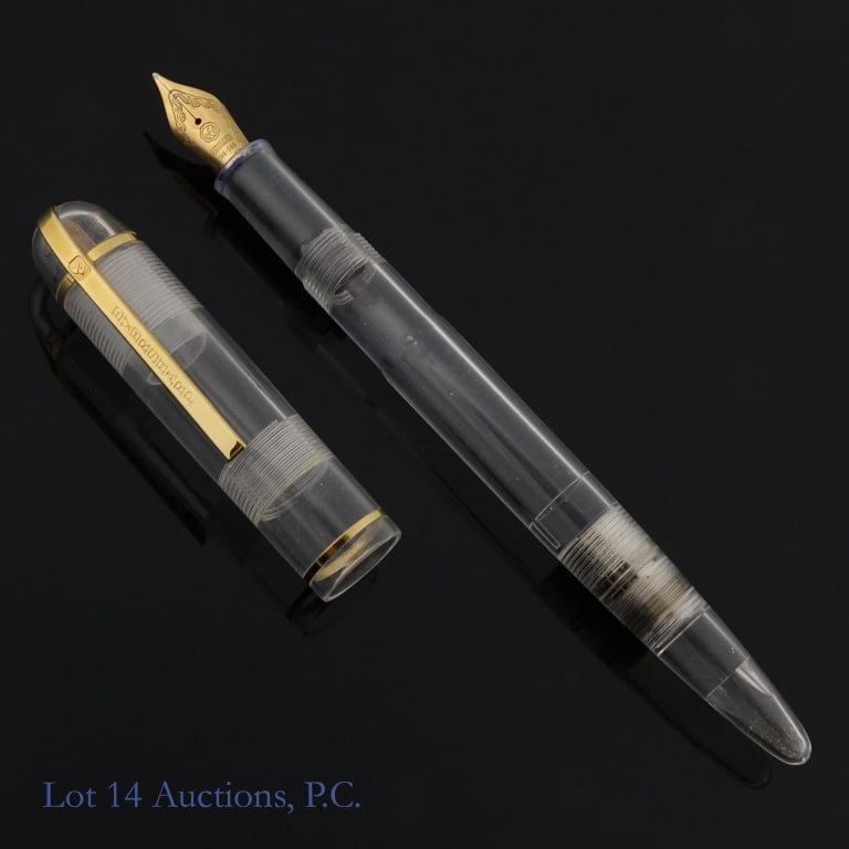 Eversharp Skyline Fountain Pen France 14K Nib CIB: Eversharp Skyline fountain pen. Clear transparent barrel and cap. 14K 585 nib. Made in France. Original blue velvet presentation box with white velvet and satin lining, as well as cardboard outer slee