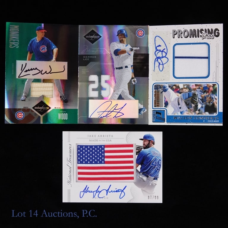 Chicago Cubs Baseball Arrieta, Contreras, Wood, Lee Auto Cards, 4: Four (4) Chicago Cubs baseball auto cards. Willson Contreras, Jake Arrieta (#87/99), Derrek Lee (#14/75), Kerry Wood (#09/25). See photos for details and selection.