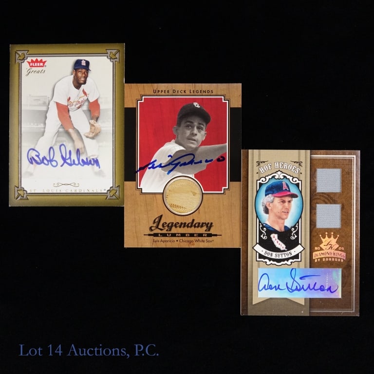 Baseball HOF Gibson, Sutton, Aparicio Auto Cards: Three (3) baseball Hall Of Fame Inductees auto cards - Cardinals Bob Gibson, Angels Don Sutton #21/25 (jersey auto card), and White Sox Luis Aparicio (bat auto card).