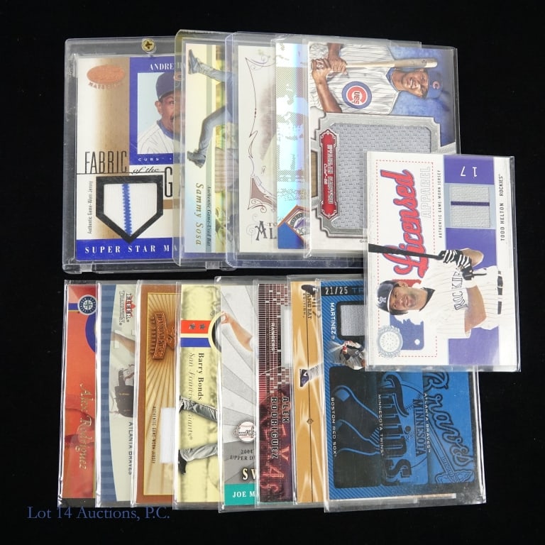 Baseball Jersey And Bat Cards (12+2): Fourteen (14) baseball cards - twelve (12) jersey and two (2) bat. See photos for selection and details.