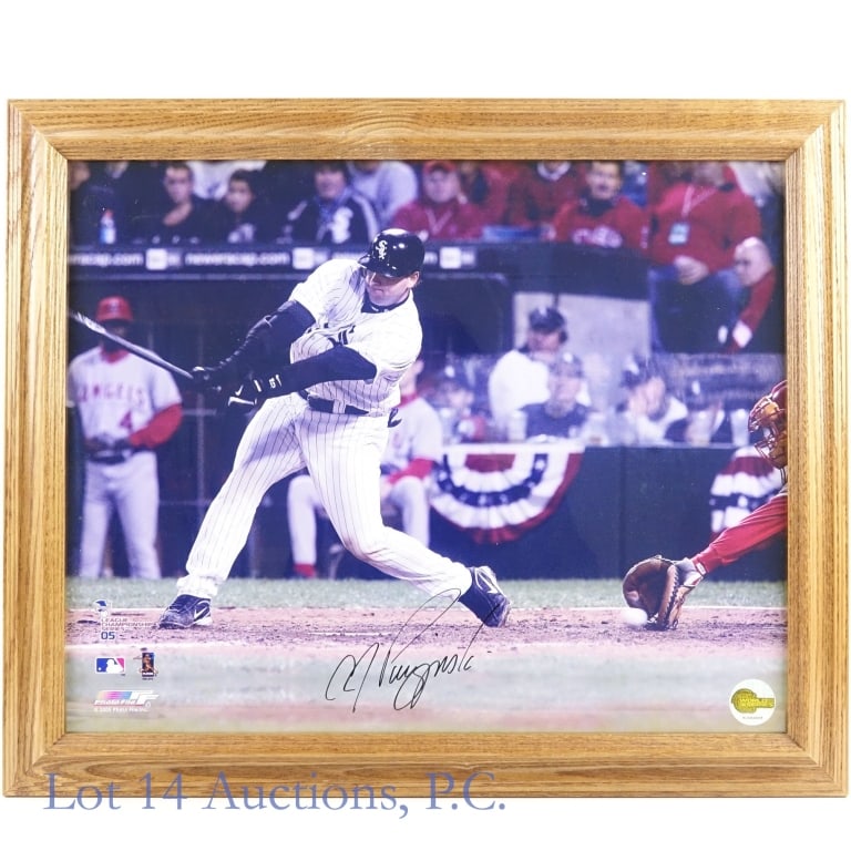 AJ Pierzynski Signed Dropped 3rd Strike Photo: Framed photograph, signed by A.J. Pierzynski of the Chicago White Sox (Schwartz Sports COA). The picture shows Pierzynski swinging and missing a Kelvim Escobar pitch in the bottom of the 9th