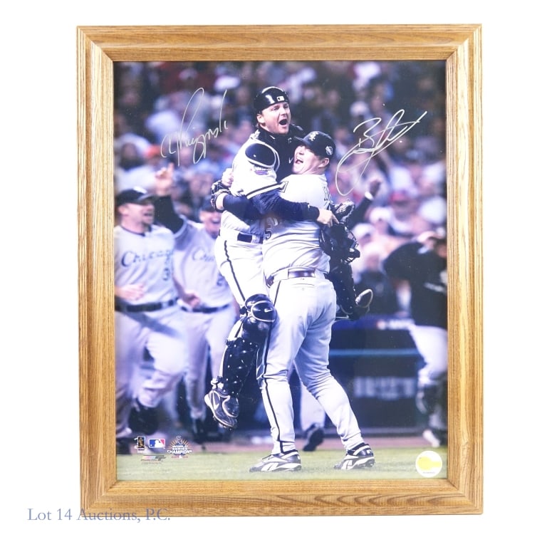 Jenks Pierzynski Signed 2005 Final Out Photo: LOCAL PICK UP OR THIRD PARTY SHIPPING ONLY. Framed 16" x 120" color photo signed by A.J. Pierzynski and the late Bobby Jenks - the picture shows the pair embracing after the final out of the