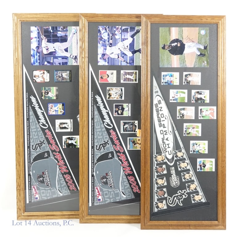 2005 White Sox Signed Pictures w/ Pennants (3): LOCAL PICK UP OR THIRD PARTY SHIPPING ONLY - Three (3) framed pieces: each with an autographed picture, a 2005 World Series pennant, and a small assembly of baseball cards. The three