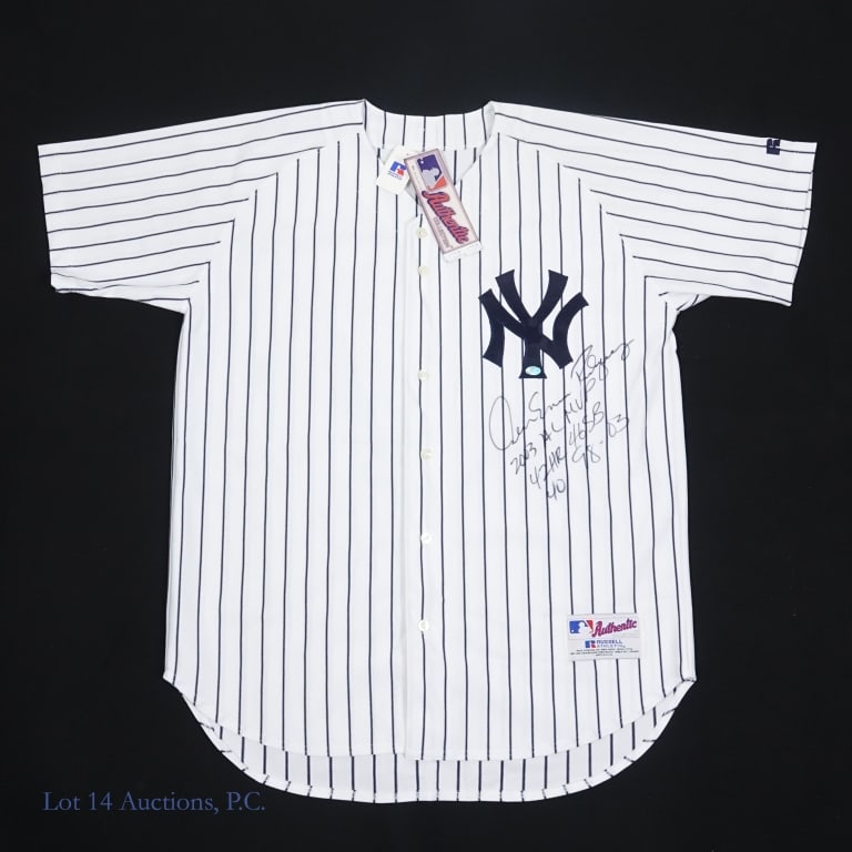 Alex Rodriguez Signed Yankees Jersey (AROD COA): Russell Athletics MLB Authentic New York Yankees jersey (size 48) - tags still attached. No number or name on back. Front of the jersey under the "NY" logo is signed "Alex Eman Rodriguez" and is inscr