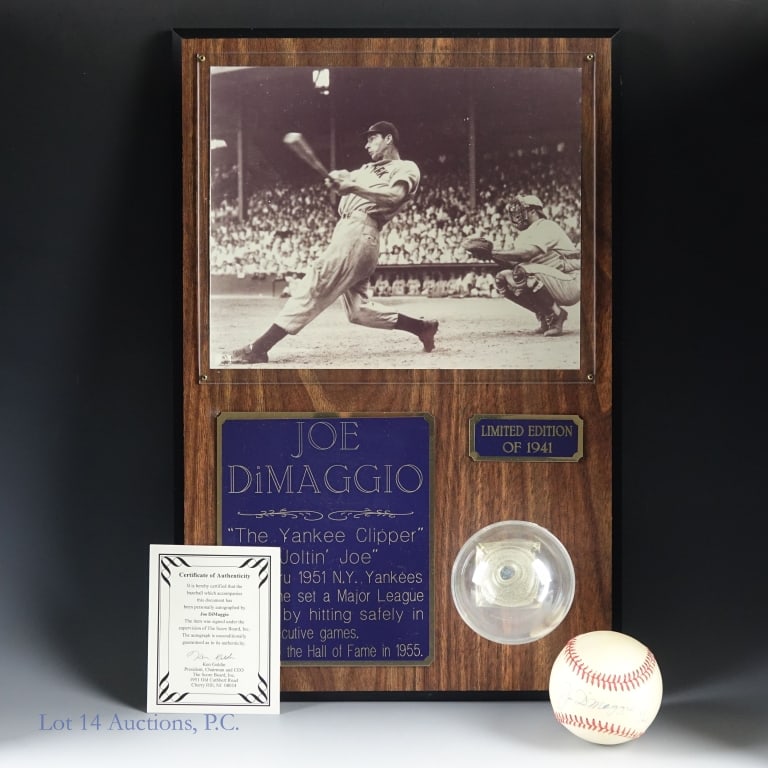 Joe Dimaggio Signed Baseball & Plaque (Goldin): Bobby Brown OAL signed by Joe DiMaggio and numbered 787/1941. Includes Ken Goldin "The Score Board" COA. Baseball has some yellowing, but signature is crystal clear. Comes with plaque (with