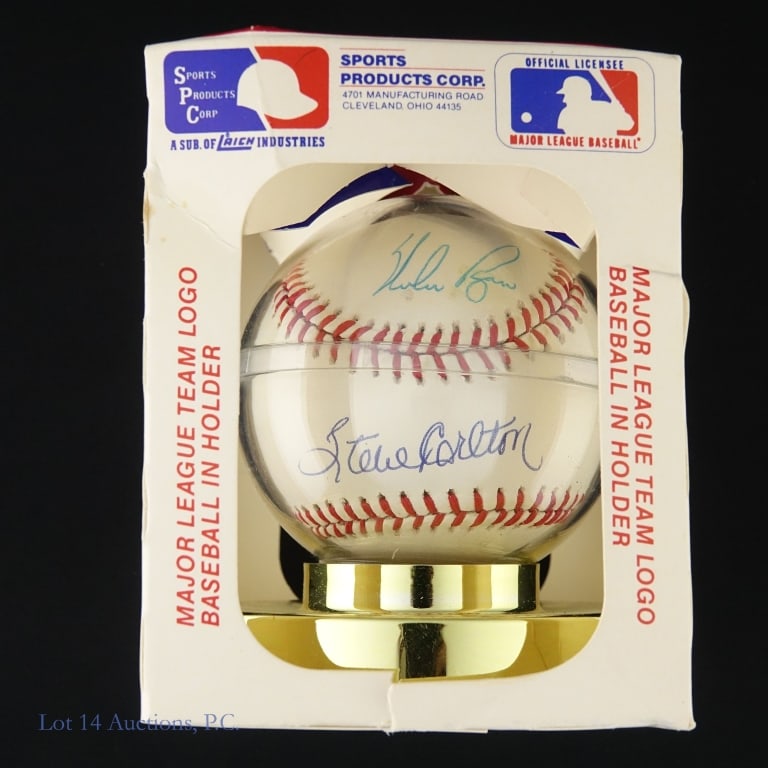 Steve Carlton Nolan Ryan Signed Baseball: *** This lot is sold "as is" with no COA or guarantees. *** William D. White ONL baseball. Steve Carlton has signed on the sweet spot, and Nolan Ryan has signed just above him.