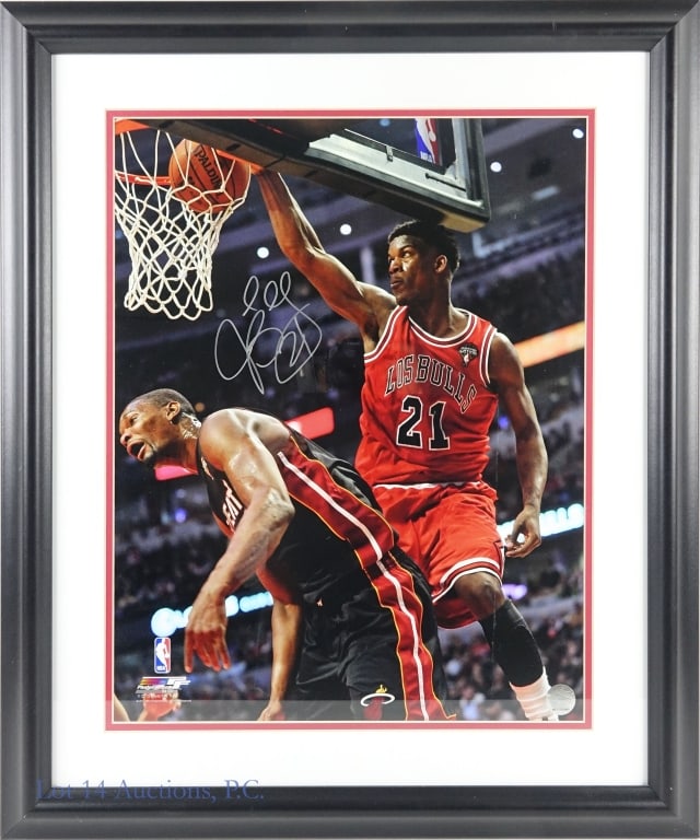 Jimmy Butler Signed 16x20 Los Bulls: LOCAL PICK UP OR THIRD PARTY SHIPPING ONLY. 16" x 20" framed and matted color photograph signed by NBA Chicago Bulls player Jimmy Butler (Butler is shown wearing the "Los Bulls" variant of the