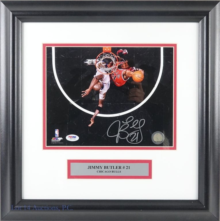 Jimmy Butler Signed 10x8 Photo (PSA): Framed and matted 10" x 8" color photo signed by NBA Chicago Bulls player Jimmy Butler (overhead view of Butler and who appears to be Kevin Garnett) . PSA/DNA "In the Presence" sticker and cert