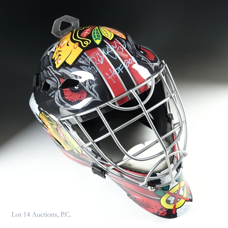Ed Belfour Signed Blackhawks Goalie Mask: *** This lot is sold "as is" with no guarantee or COA. *** Franklin GFM 1500 replica Chicago Blackhawks goalie mask signed by Ed Belfour in blue just above the face guard and inscribed "HOF 2011".