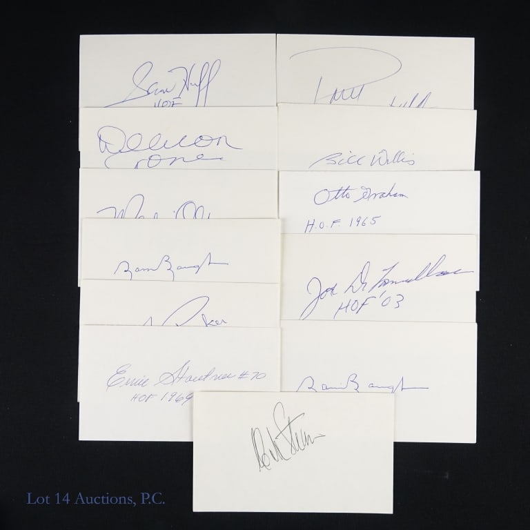 Football HOF Signed Index Cards (12): Collection of twelve (12) signed 5" x 3" index cards. Includes: Sammy Baugh (x2 - Commanders) ** Joe DeLamielleure (Bills / Browns) ** Otto Graham (Browns) ** Sam Huff (Giants / Commanders) **