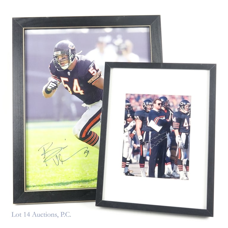 Mike Ditka Brian Urlacher Signed Photos: LOCAL PICK UP OR THIRD PARTY SHIPPING ONLY. Two signed photographs: Framed 16" x 120" color photo signed by Chicago Bears Hall of Fame linebacker Brian Urlacher. Brian Urlacher Authentic sticker in lo