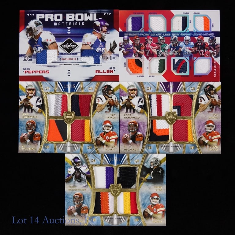 Football Combo Jersey Cards, Low Numbered (5): Five (5) football combo jersey cards, all low numbered - one (1) 2 player combo, one (1) 8 player combo, and three (3) 4 player combo (one of them 3 / 5). See photos for details and selection.