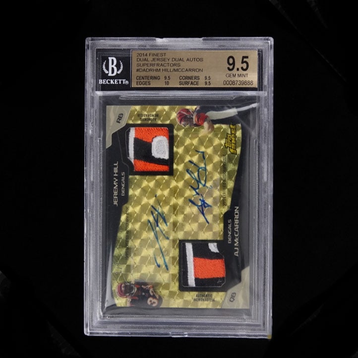 Hill & McCarron '14 Topps Finest Superfractor 1/1 Beckett 9.5: Bengals Jeremy Hill and AJ McCarron 2014 Topps Finest Superfractors dual jersey dual auto card. 1 / 1. Beckett 9.5 Gem Mint.