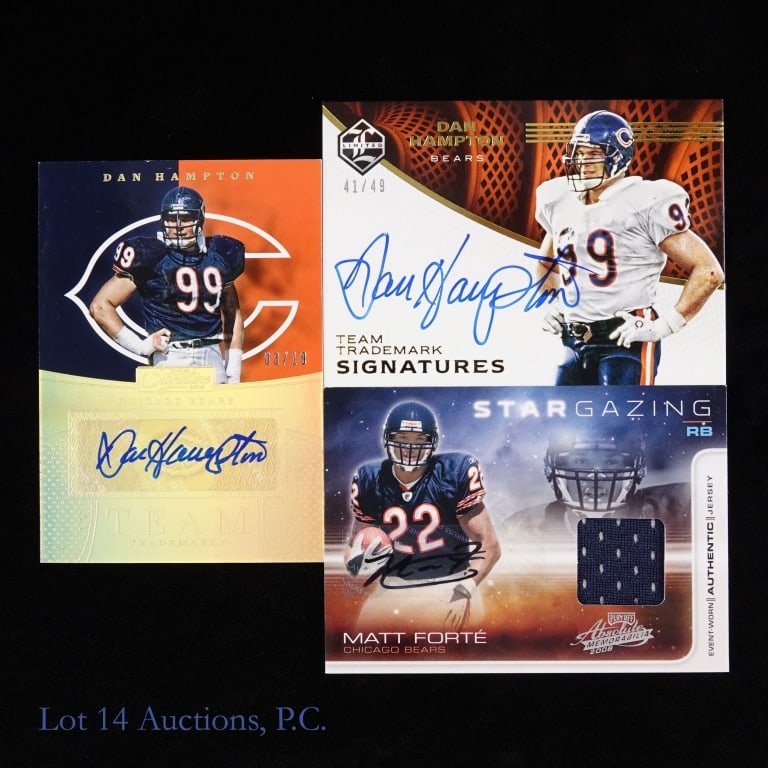 M Forte Jersey Auto, Dan Hampton Auto Cards # (1+2): Matt Forte rookie auto jersey card 01 / 25 *** Two (2) Dan Hampton auto cards, 03 / 10 and 41 / 49. See photos for details and selection.