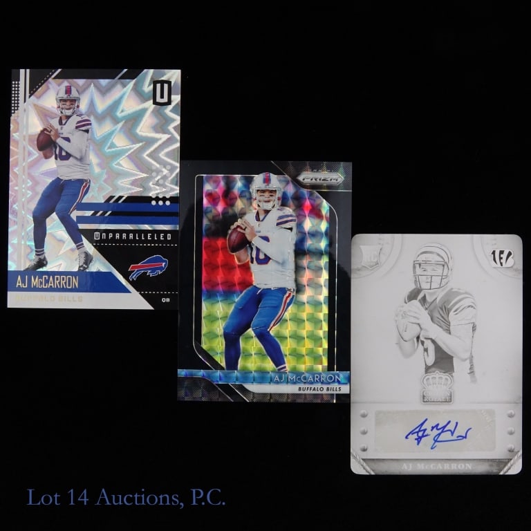 AJ McCarron Cards, Auto Printing Plate, All 1/1: (3) Bills A J McCarron two (2) cards and auto printing plate. All numbered 1 / 1. See photos for details.