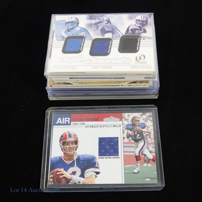 Football Jersey Cards, Many Auto & Numbered (12): Twelve (12) football jersey cards, six (6) of them auto, nine (9) are numbered. See photos for details and selection.