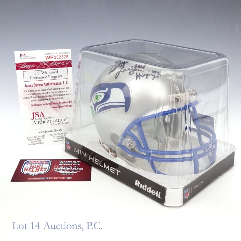Steve Largent Signed Seahawks Mini Helmet JSA: Steve Largent signed Seattle Seahawks mini helmet with inscription. Signed 10/14-16/2016 in Chantilly, VA. JSA COA #WP262328.