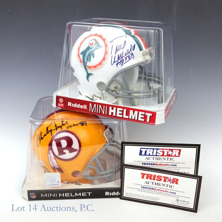 P Warfield & C Taylor Signed Mini Helmets TriStar: Paul Warfield signed Miami Dolphins mini helmet. Signed on 07/26/2017 at the Rosemont, IL, TRISTAR Collectors Show. TriStar COA #7777365 ****** Charley Taylor signed Washington Redskins